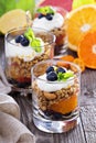 Breakfast parfait with oranges, granola, yogurt