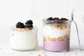 Breakfast parfait, overnight oats and greek yogurt in a jar Royalty Free Stock Photo
