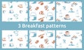 3 breakfast patterns with coffee, tea, honey, croissants, pancakes, milk lemon, biscuits, cookies isolated white background vector Royalty Free Stock Photo