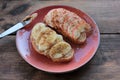 Breakfast with Peanut butter banana apple cinnamon sandwiches on wooden table. Slices of bread with peanut paste and fresh fruits Royalty Free Stock Photo