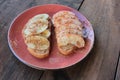 Breakfast with Peanut butter banana apple cinnamon sandwiches on wooden table. Slices of bread with peanut paste and fresh fruits Royalty Free Stock Photo