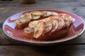 Breakfast with Peanut butter banana apple cinnamon sandwiches on wooden table. Slices of bread with peanut paste and fresh fruits Royalty Free Stock Photo