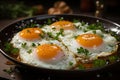 Breakfast perfection, top view of frying sunny side up eggs