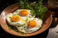 Breakfast perfection, top view of frying sunny side up eggs