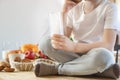 Breakfast for a person and healthy meals. Oat cookies, milk and fruit Royalty Free Stock Photo