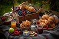 breakfast picnic basket overflowing with pastries, fruit and coffee Royalty Free Stock Photo