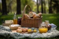 breakfast picnic in the park with basket, eggs, and toast Royalty Free Stock Photo