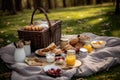 breakfast picnic in the park with basket, eggs, and toast Royalty Free Stock Photo