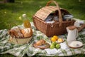 breakfast picnic in the park with basket, eggs, and toast Royalty Free Stock Photo