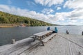 Breakfast at pier near the sea at skuleberget campsite caravan camping in Hoga Kusten Sweden