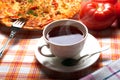 Breakfast pizza and tea Royalty Free Stock Photo