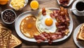 A breakfast plate with bacon, eggs, and pancakes