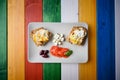 Breakfast plate on colourful wooden planks