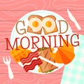 Breakfast plate concept vector illustration. Hearty breakfast of fried eggs and bacon with fsandwich, croissant and Royalty Free Stock Photo