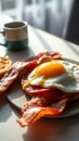 Breakfast plate with crispy bacon, sunny side up egg, and slice of orange on a table with coffee in the background Royalty Free Stock Photo