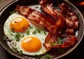 Breakfast plate with crispy fried bacon and eggs with parsley on table.Macro.AI Generative