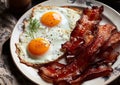 Breakfast plate with crispy fried bacon and eggs with parsley on table.Macro.AI Generative