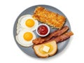 Breakfast plate with eggs, bacon, toast, and hash browns isolated on white background Royalty Free Stock Photo