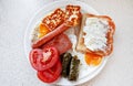 Breakfast plate with eggs, tomatoes, cheese, and toast Royalty Free Stock Photo