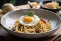 breakfast plate, filled with piping hot carbonara and fried eggs