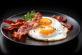 breakfast plate. fried egg with pancakes with bacon sauce Royalty Free Stock Photo