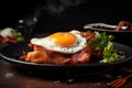 breakfast plate. fried egg with pancakes with bacon sauce Royalty Free Stock Photo