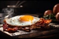 breakfast plate. fried egg with pancakes with bacon sauce Royalty Free Stock Photo