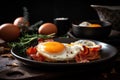 breakfast plate. fried egg with pancakes with bacon sauce Royalty Free Stock Photo