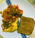 Breakfast plate. Portion control. A side of fried vegetables one cup. A side of boiled green plantain one deck, A can of sardine.