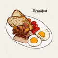 Breakfast plate with sausages, eggs, ham, toast, grilled potatoes and bacon. hand draw sketch vector