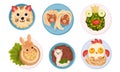 Breakfast Plating with Food Arranged in Childish Animal Shapes Vector Set
