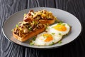 Breakfast portion of fried toast with shiitake mushrooms and cheese served with eggs and green onions close-up on a plate. Royalty Free Stock Photo