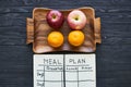 breakfast proper nutrition diet plan lifestyle wooden background