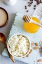 breakfast with ricotta or cottage cheese with honey and nuts Royalty Free Stock Photo