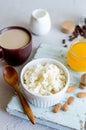 breakfast with ricotta or cottage cheese with honey and nuts Royalty Free Stock Photo