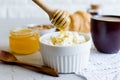 breakfast with ricotta or cottage cheese with honey and nuts Royalty Free Stock Photo