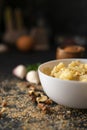 breakfast with Roasted cauliflower salad with assorted nuts in bowl and vegetables and eggs s