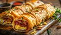A breakfast roll with bacon and almonds on a wooden board Royalty Free Stock Photo
