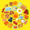 Breakfast round round pattern vector illustration. Morning food. Eating in the morning. Apple, orange fruits, sandwich