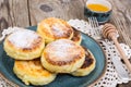 Breakfast. Russian traditional cottage cheese pancakes in the pl Royalty Free Stock Photo