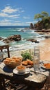 breakfast salad bread on a wooden table decorated with flowers by the sea while enjoying the waves