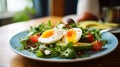 Breakfast salad wholemeal bread and boiled egg, stock photo. Generative AI