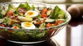 Breakfast salad wholemeal bread and boiled egg, stock photo. Generative AI