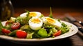 Breakfast salad wholemeal bread and boiled egg, stock photo. Generative AI
