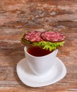 Breakfast with salami sandwich and cup of tea Royalty Free Stock Photo