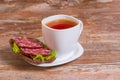 Breakfast with salami sandwich and cup of tea Royalty Free Stock Photo