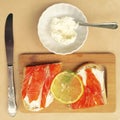 Breakfast with salmon, bread and cheese