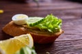 Breakfast sandwich with homemade paste, vegetables and fresh greens, shallow depth of field Royalty Free Stock Photo