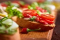 Breakfast sandwich with homemade paste, vegetables and fresh greens, shallow depth of field Royalty Free Stock Photo