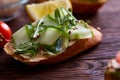 Breakfast sandwich with homemade paste, vegetables and fresh greens, shallow depth of field Royalty Free Stock Photo